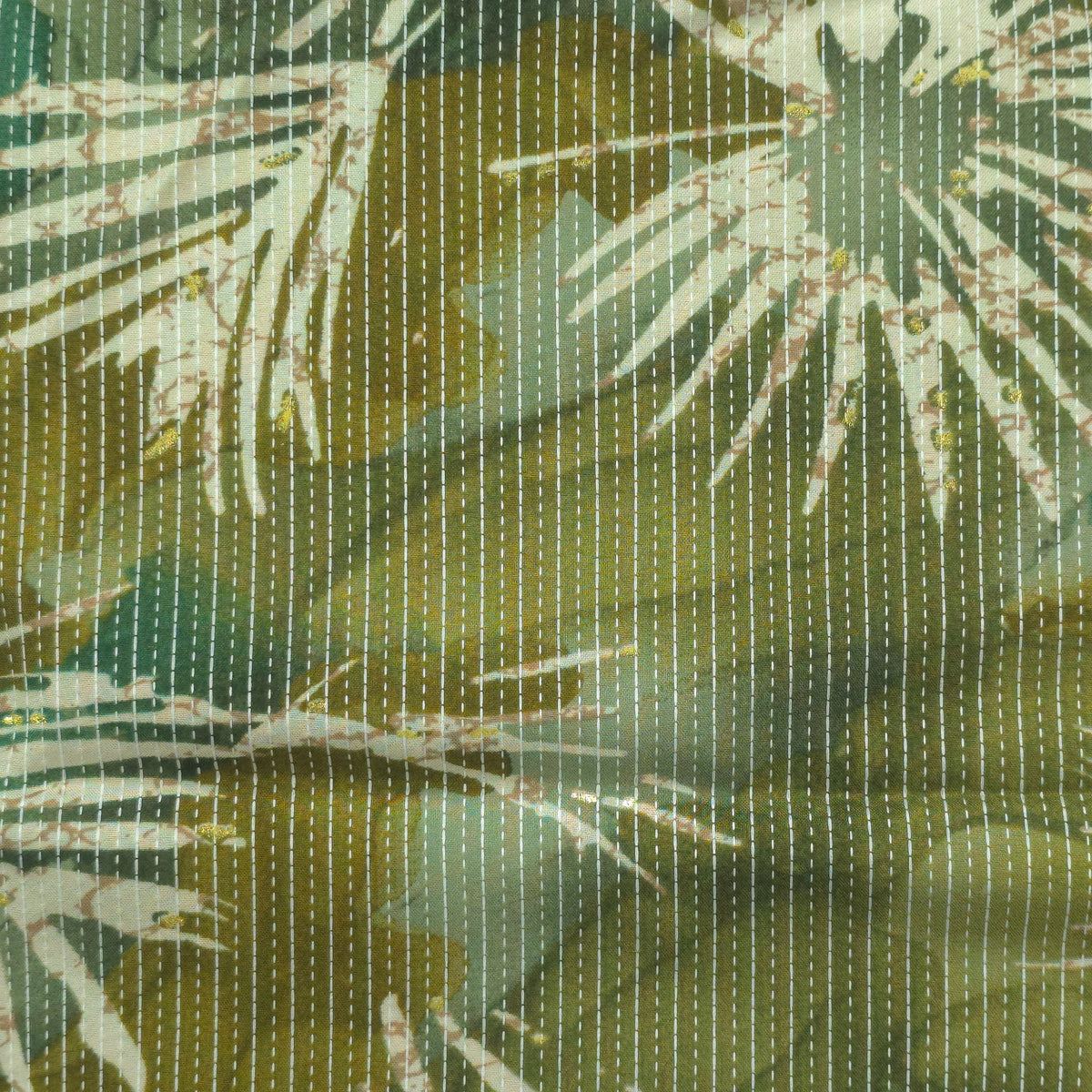 Botanical Burst Katha Foil Print Rayon Fabric - Green