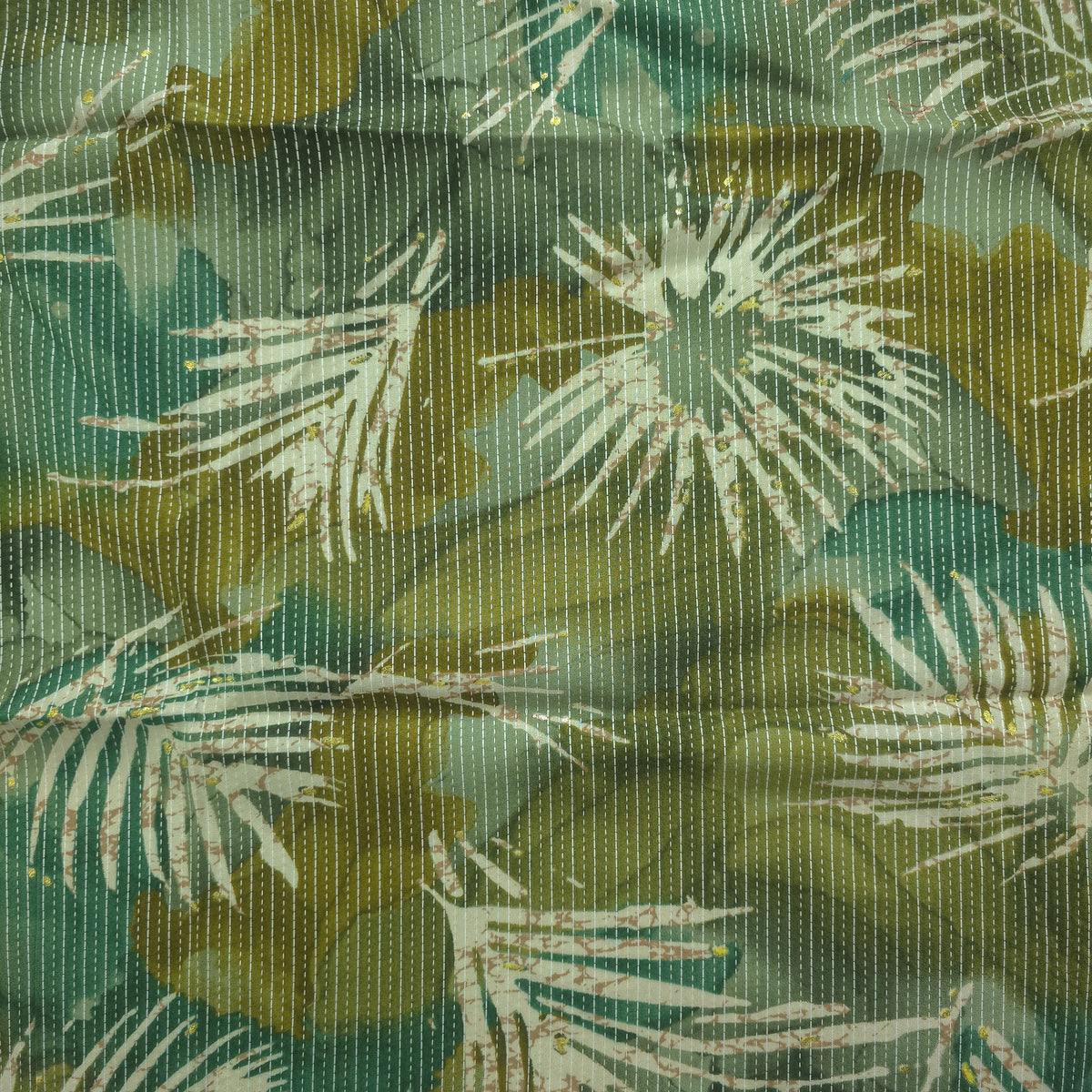 Botanical Burst Katha Foil Print Rayon Fabric - Green