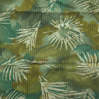 Botanical Burst Katha Foil Print Rayon Fabric - Green