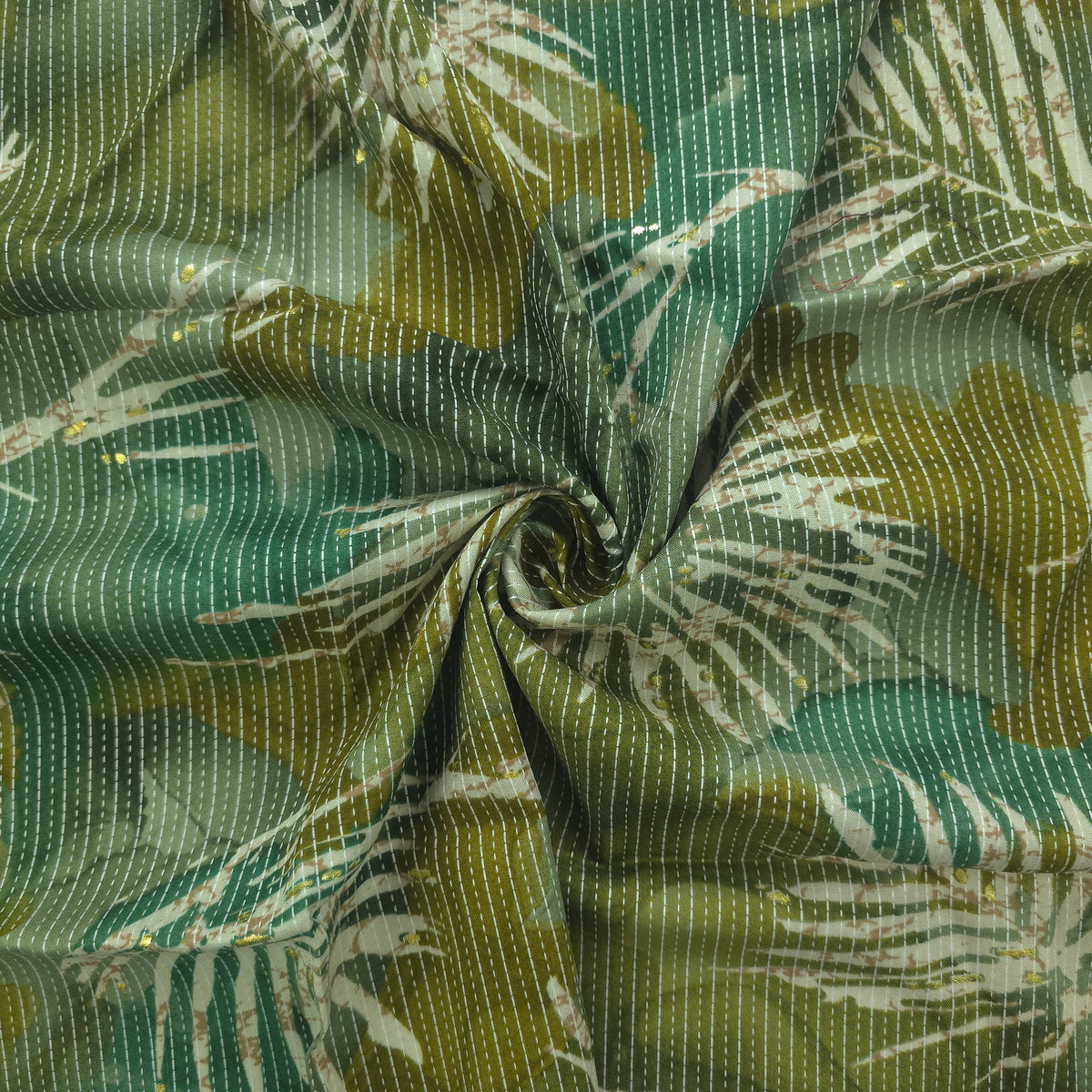 Botanical Burst Katha Foil Print Rayon Fabric - Green