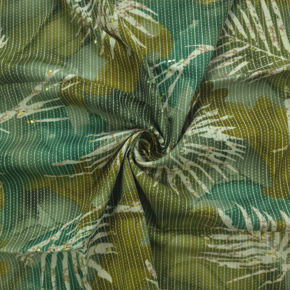Botanical Burst Katha Foil Print Rayon Fabric - Green
