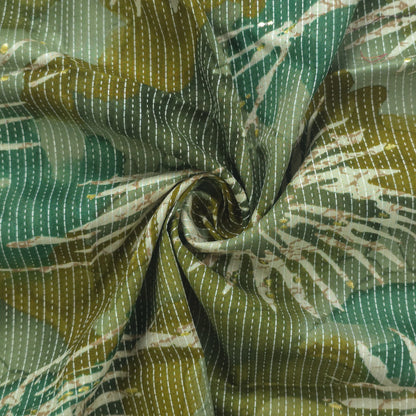 Botanical Burst Katha Foil Print Rayon Fabric - Green