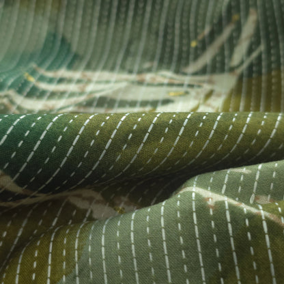 Botanical Burst Katha Foil Print Rayon Fabric - Green