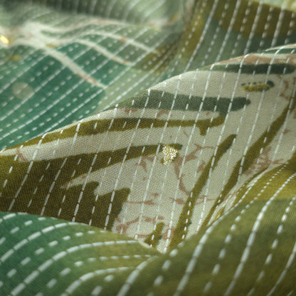 Botanical Burst Katha Foil Print Rayon Fabric - Green