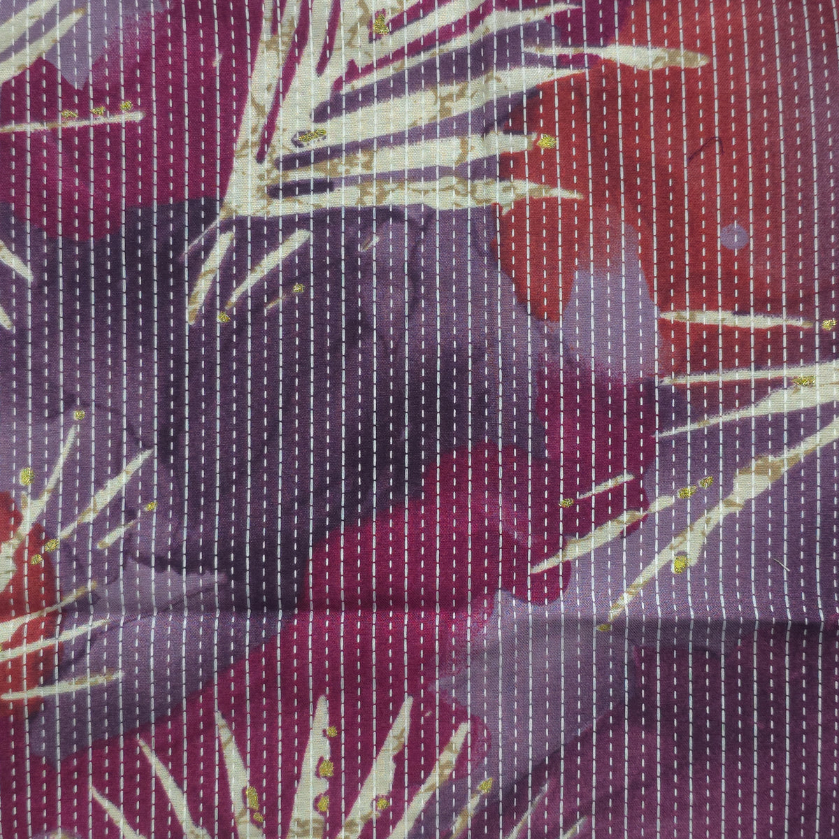 Botanical Burst Katha Foil Print Rayon Fabric - Purple