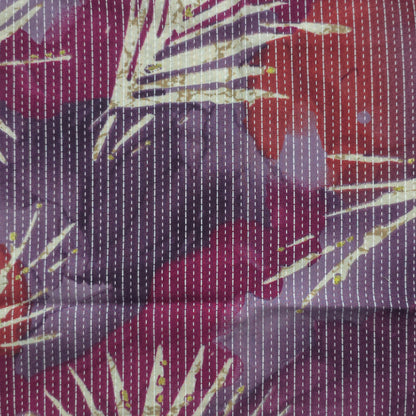 Botanical Burst Katha Foil Print Rayon Fabric - Purple