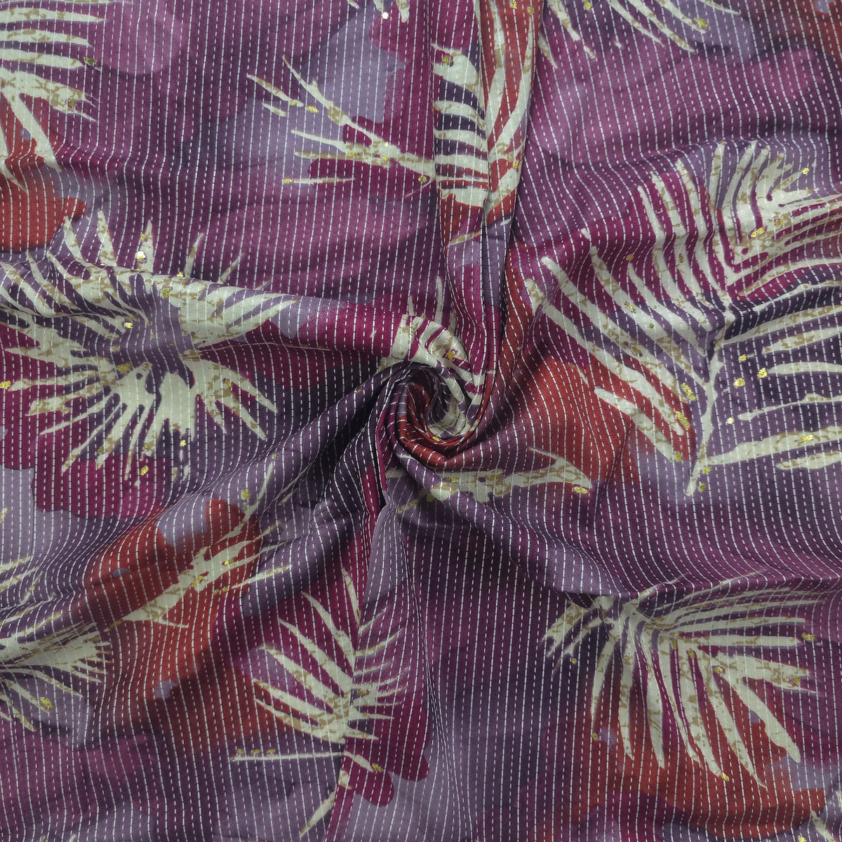 Botanical Burst Katha Foil Print Rayon Fabric - Purple
