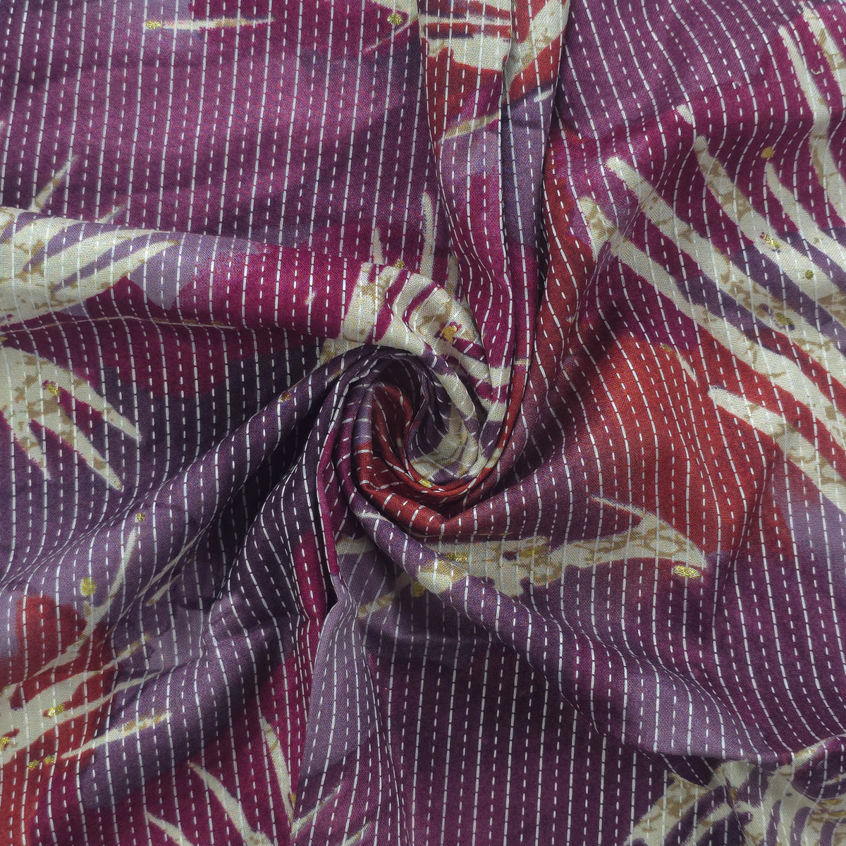 Botanical Burst Katha Foil Print Rayon Fabric - Purple