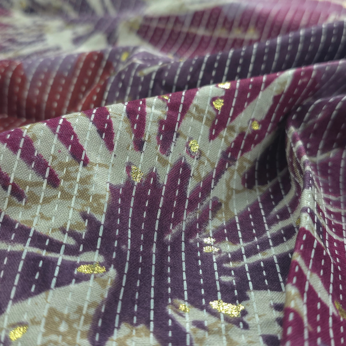 Botanical Burst Katha Foil Print Rayon Fabric - Purple