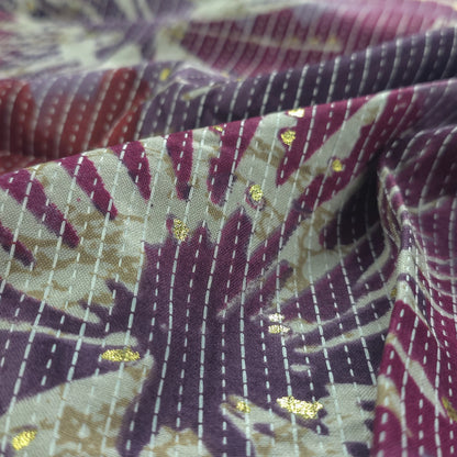 Botanical Burst Katha Foil Print Rayon Fabric - Purple
