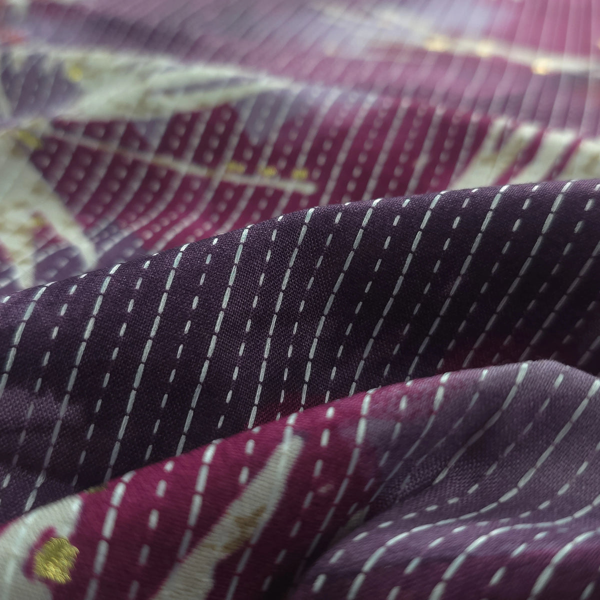 Botanical Burst Katha Foil Print Rayon Fabric - Purple