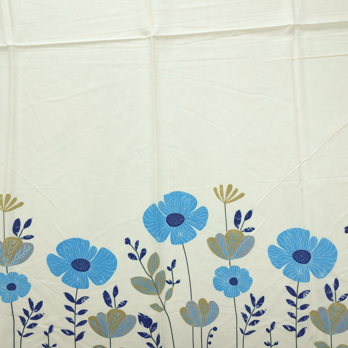 Meadow Bloom Floral Border Rayon Fabric - Blue