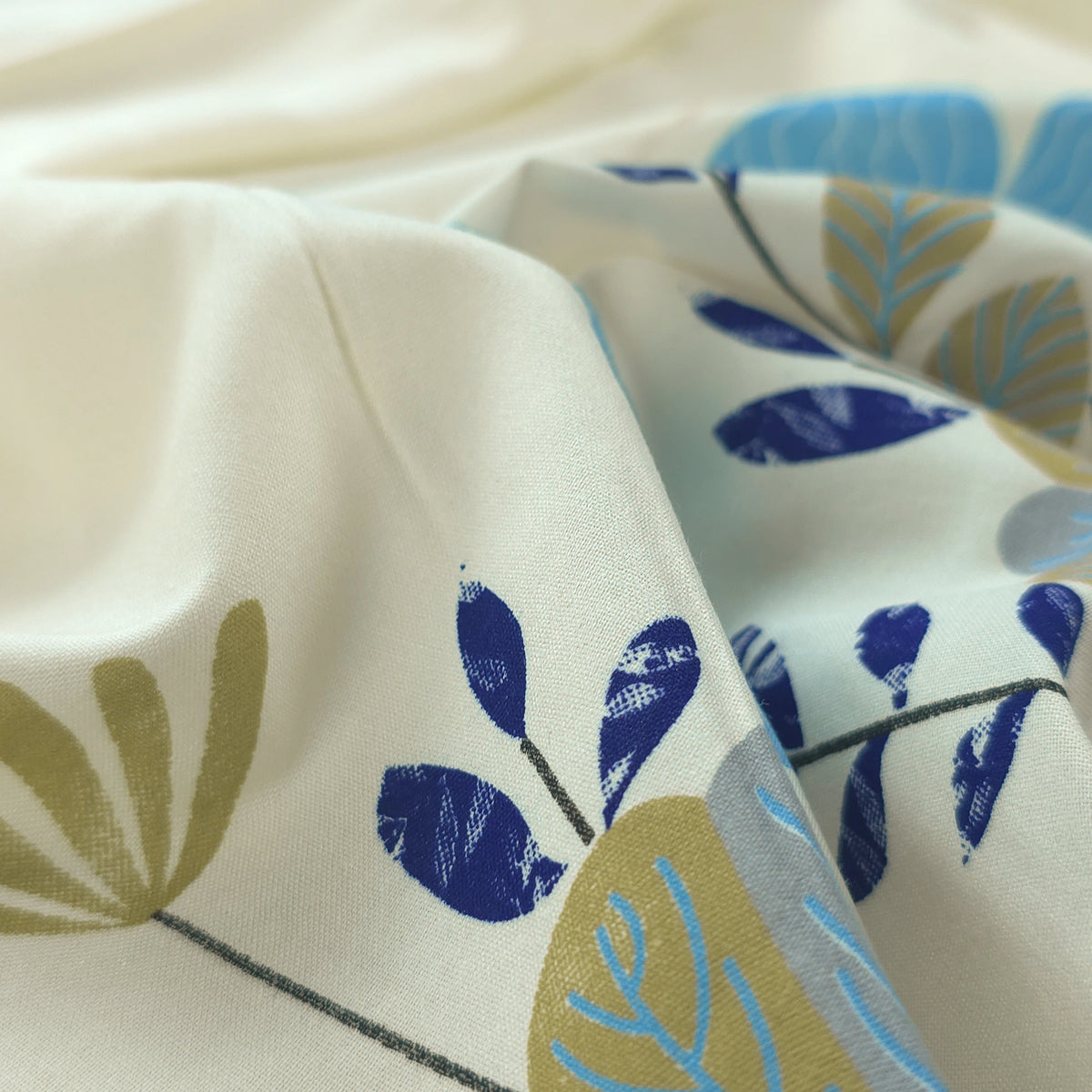 Meadow Bloom Floral Border Rayon Fabric - Blue