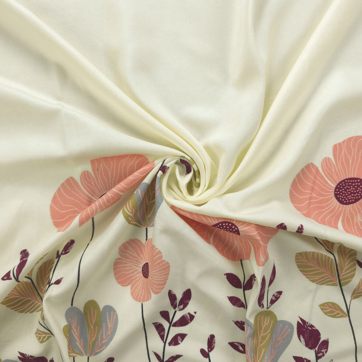 Meadow Bloom Floral Border Rayon Fabric - Peach