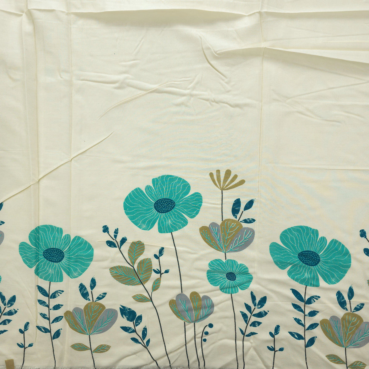Meadow Bloom Floral Border Rayon Fabric - Turquoise