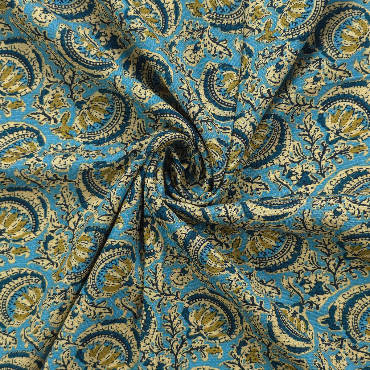 Heritage Paisley Vine Printed Rayon Fabric - Sky Blue