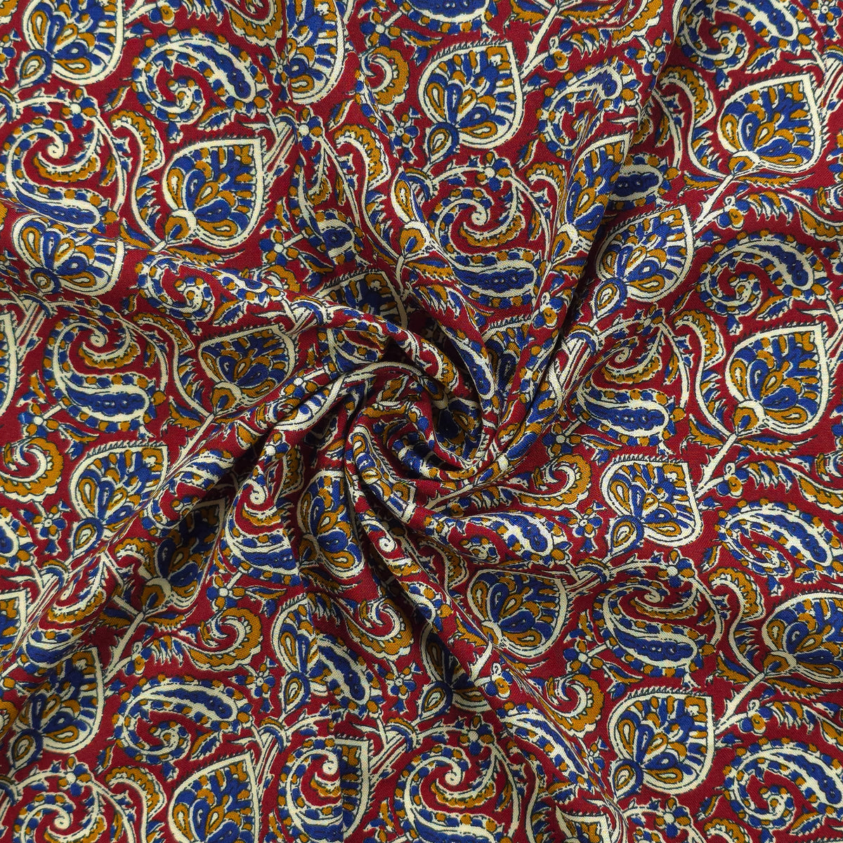 Intricate Floral Paisley Swirl Printed Rayon Fabric - Red
