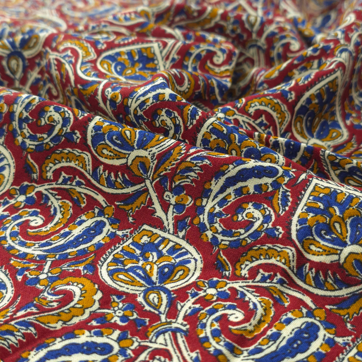 Intricate Floral Paisley Swirl Printed Rayon Fabric - Red