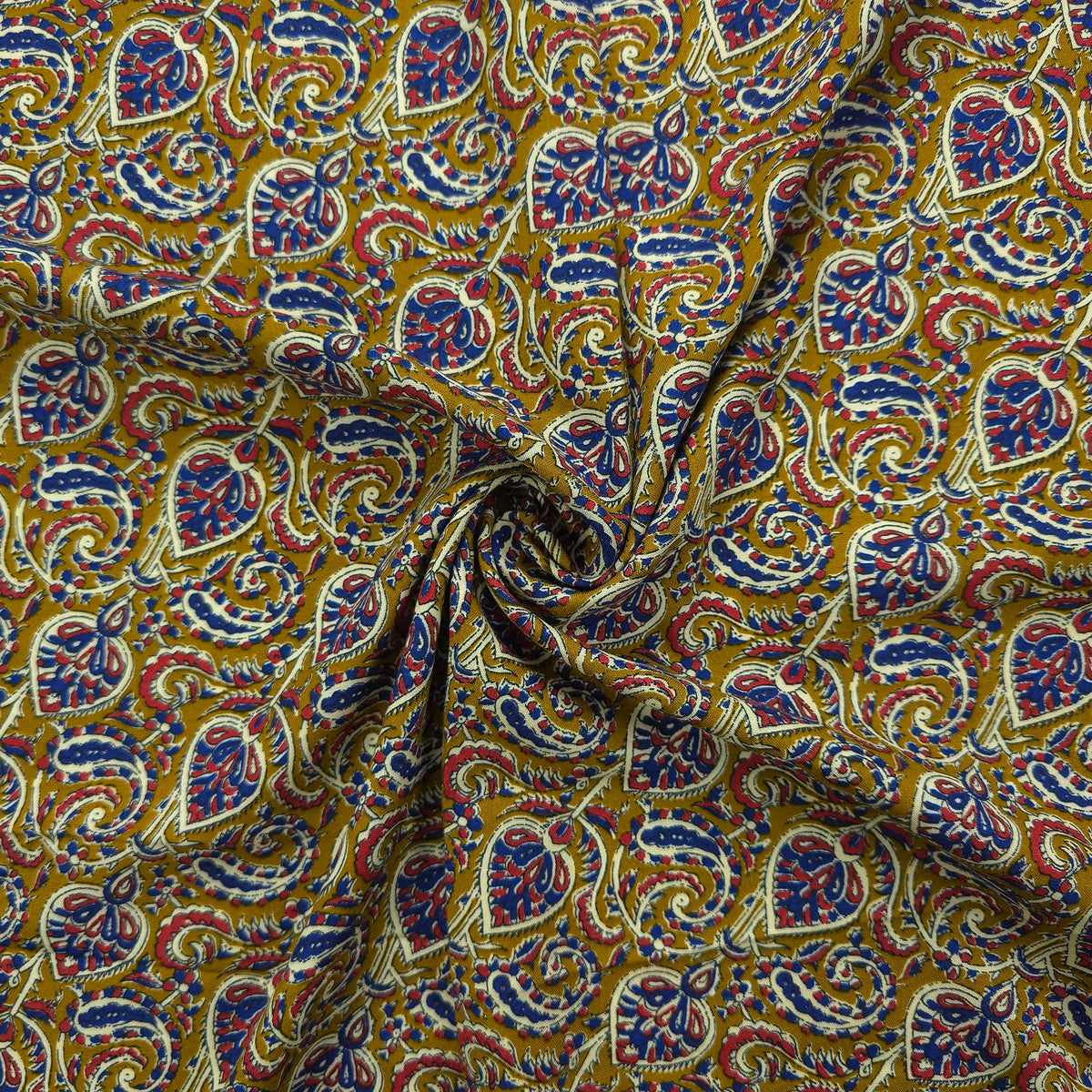 Intricate Floral Paisley Swirl Printed Rayon Fabric - Yellow