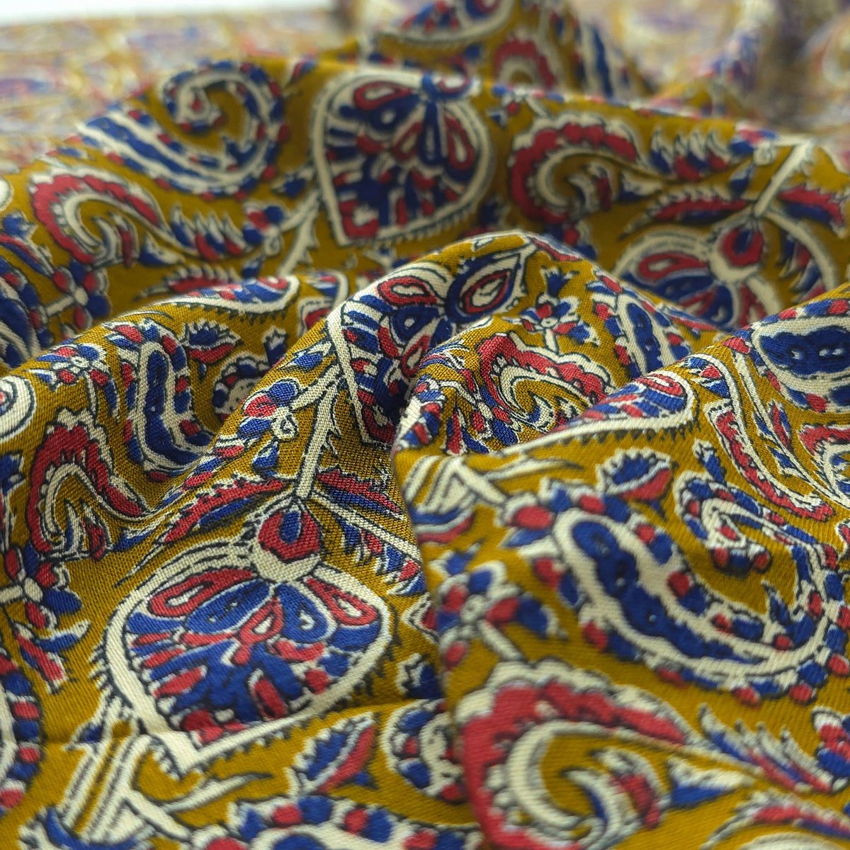Intricate Floral Paisley Swirl Printed Rayon Fabric - Yellow