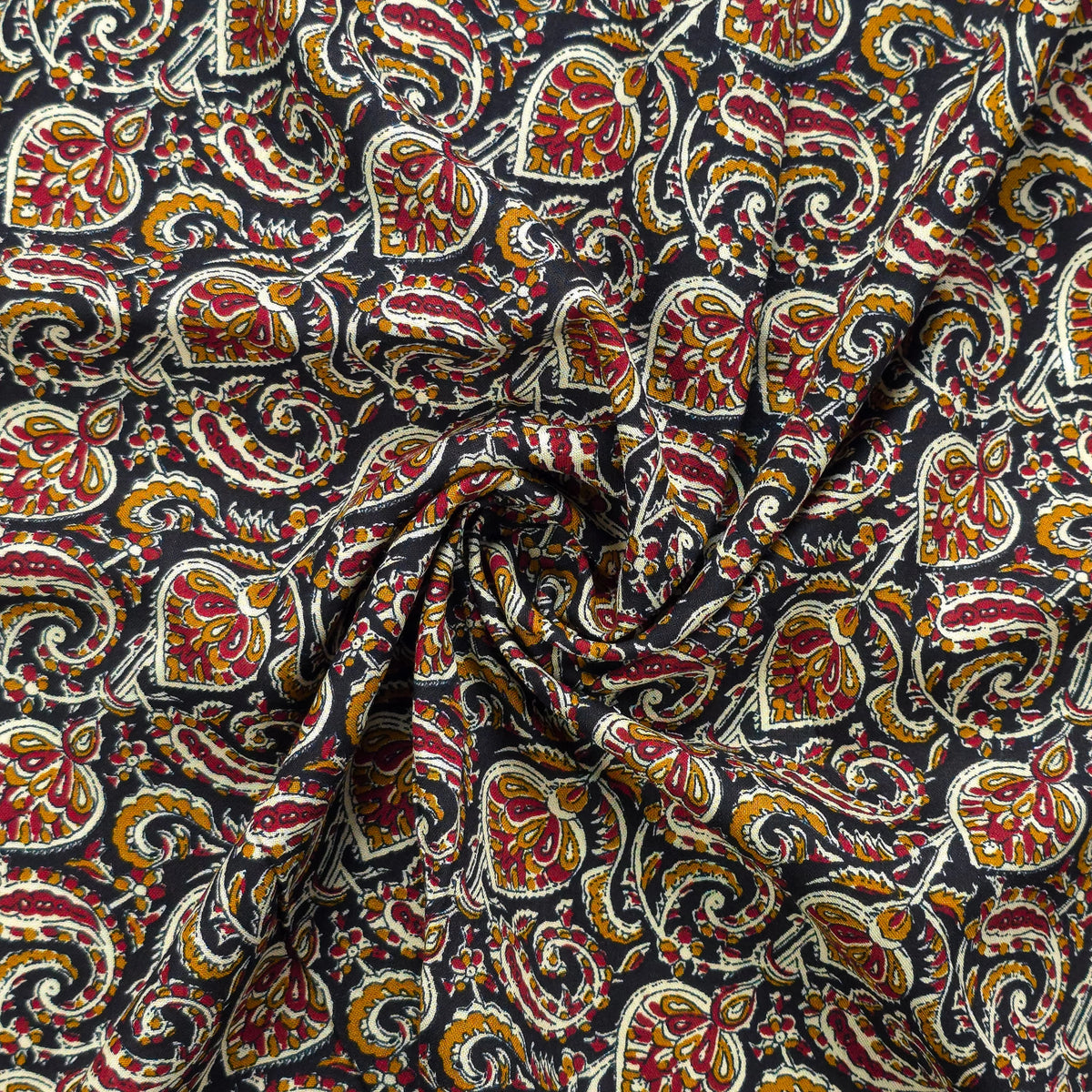 Intricate Floral Paisley Swirl Printed Rayon Fabric - Black