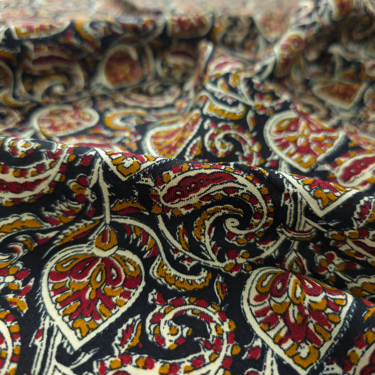 Intricate Floral Paisley Swirl Printed Rayon Fabric - Black