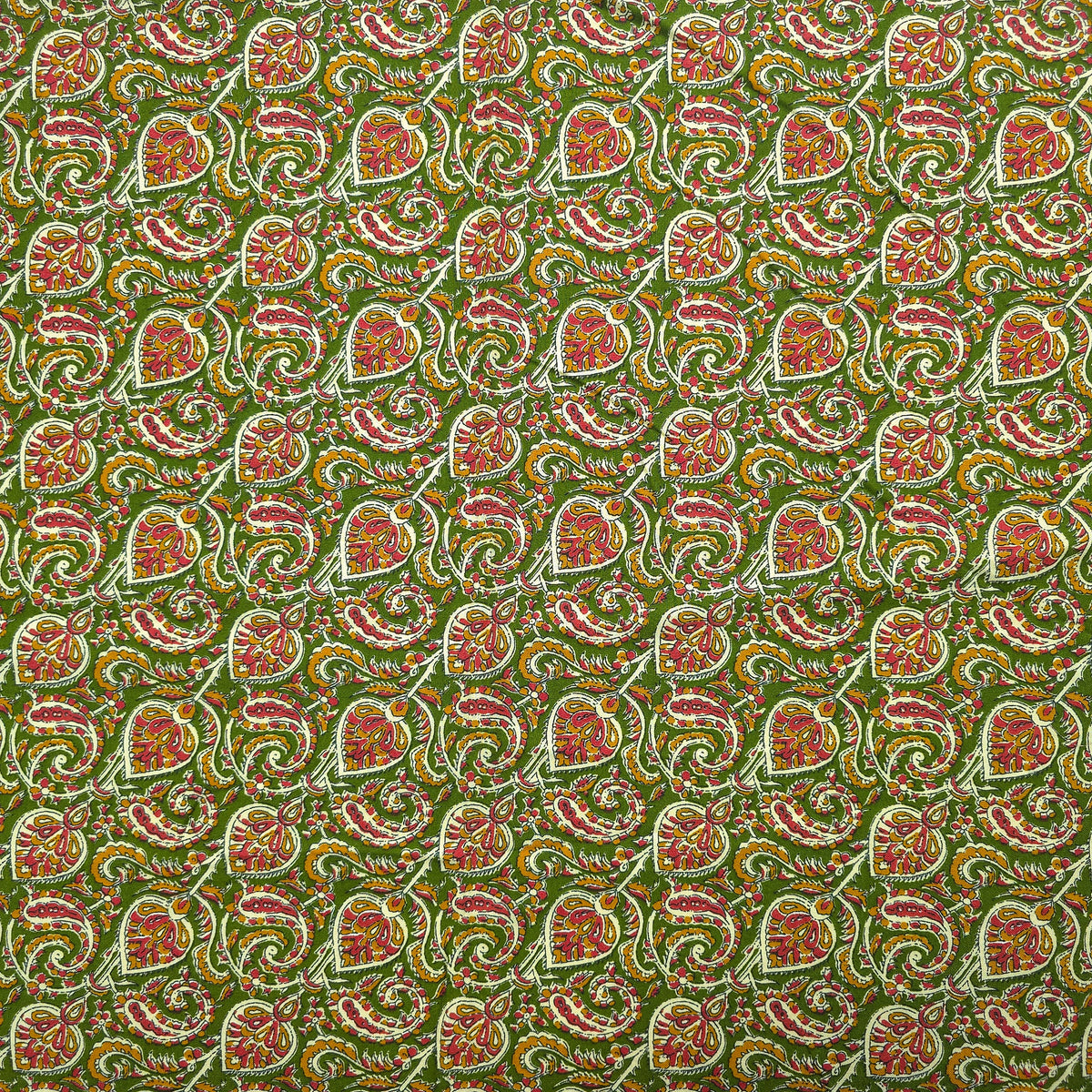 Intricate Floral Paisley Swirl Printed Rayon Fabric - Green