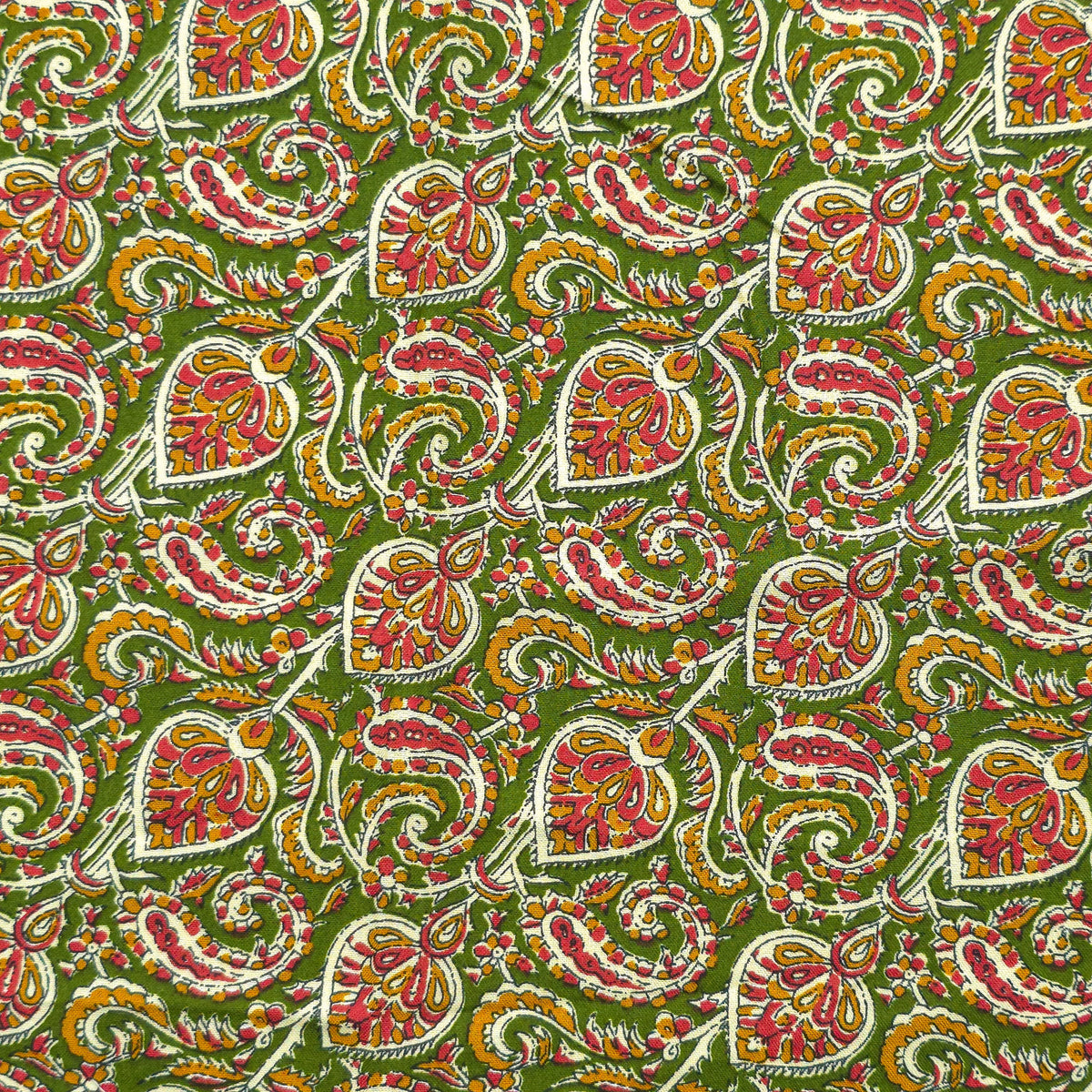 Intricate Floral Paisley Swirl Printed Rayon Fabric - Green