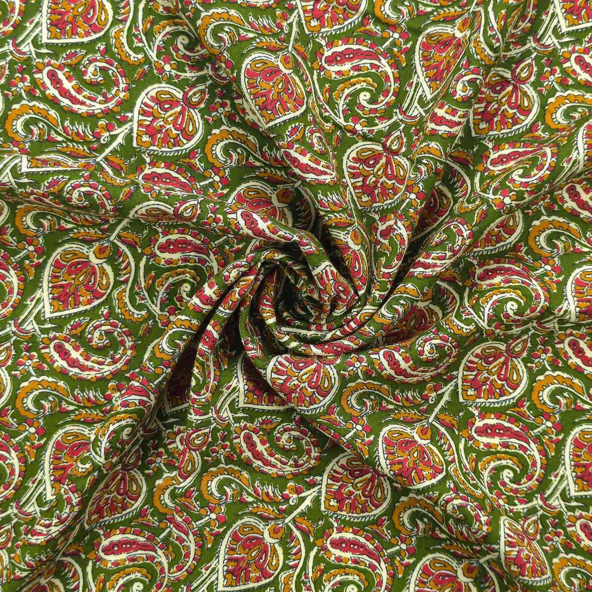 Intricate Floral Paisley Swirl Printed Rayon Fabric - Green