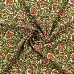Intricate Floral Paisley Swirl Printed Rayon Fabric - Green
