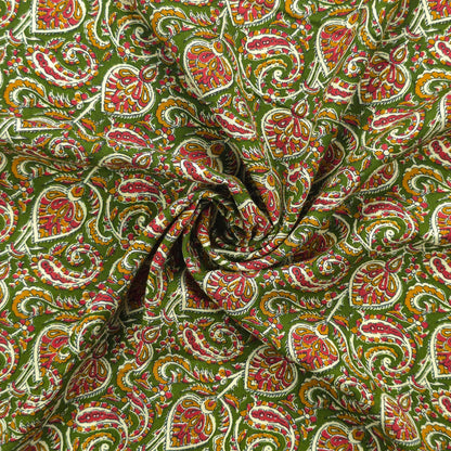 Intricate Floral Paisley Swirl Printed Rayon Fabric - Green