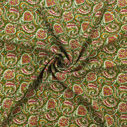 Intricate Floral Paisley Swirl Printed Rayon Fabric - Green