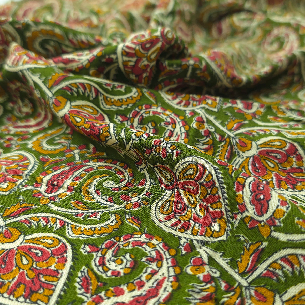 Intricate Floral Paisley Swirl Printed Rayon Fabric - Green