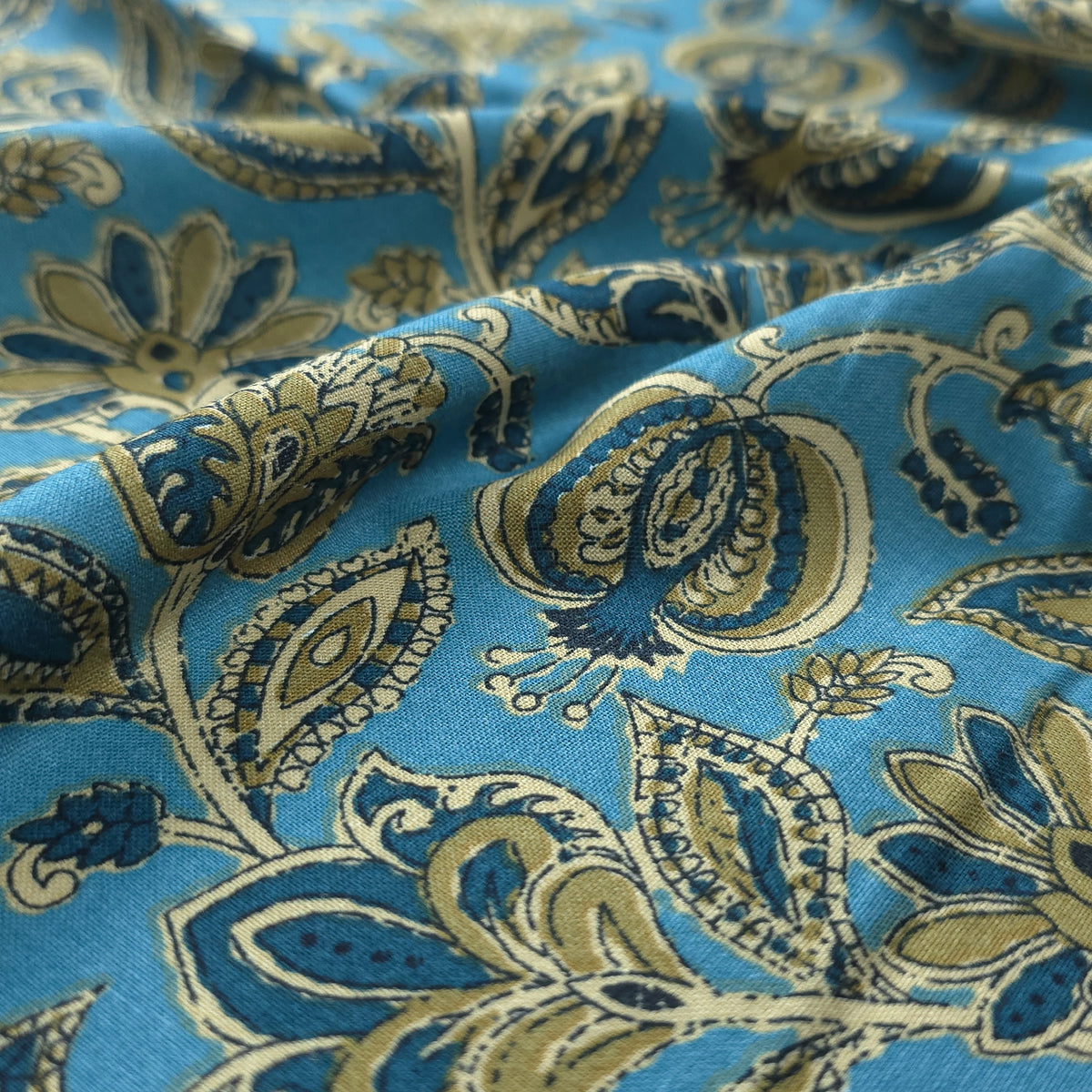Heritage Paisley Botanical Printed Rayon Fabric - Sky Blue