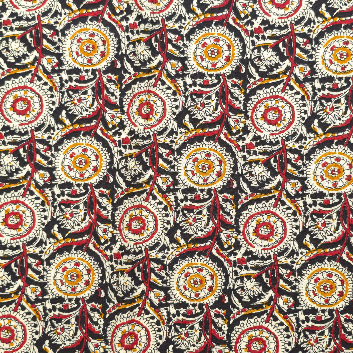 Intricate Floral Medallion Botanical Printed Rayon Fabric - Black