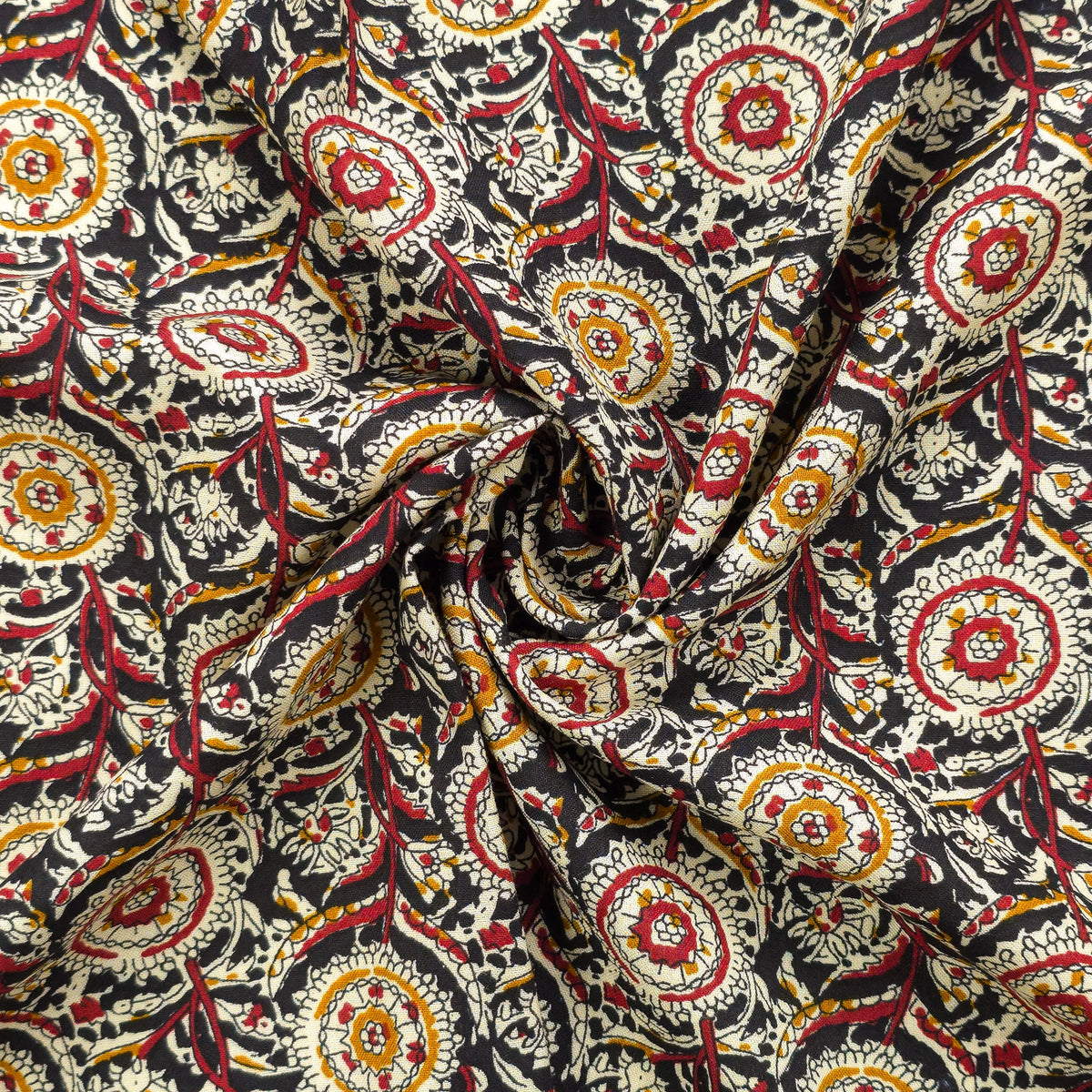 Intricate Floral Medallion Botanical Printed Rayon Fabric - Black