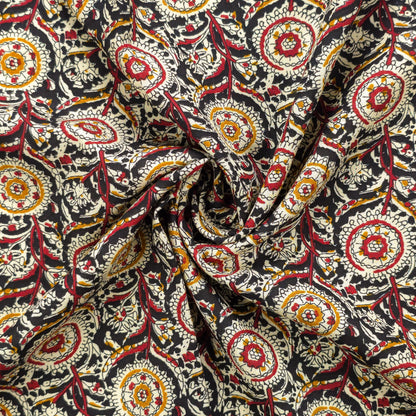 Intricate Floral Medallion Botanical Printed Rayon Fabric - Black