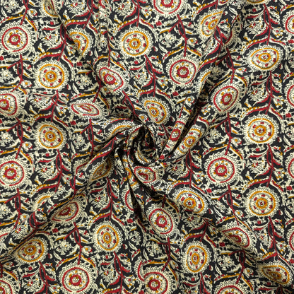 Intricate Floral Medallion Botanical Printed Rayon Fabric - Black