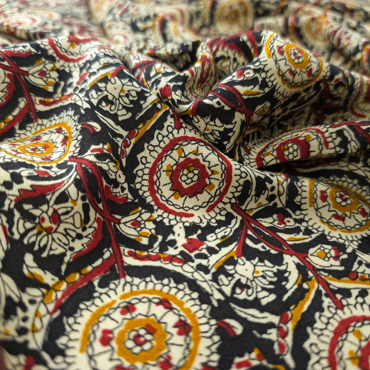 Intricate Floral Medallion Botanical Printed Rayon Fabric - Black