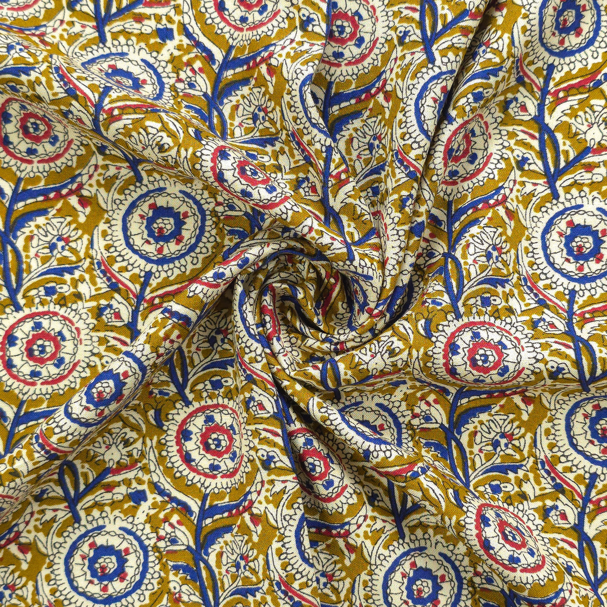 Intricate Floral Medallion Botanical Printed Rayon Fabric - Yellow