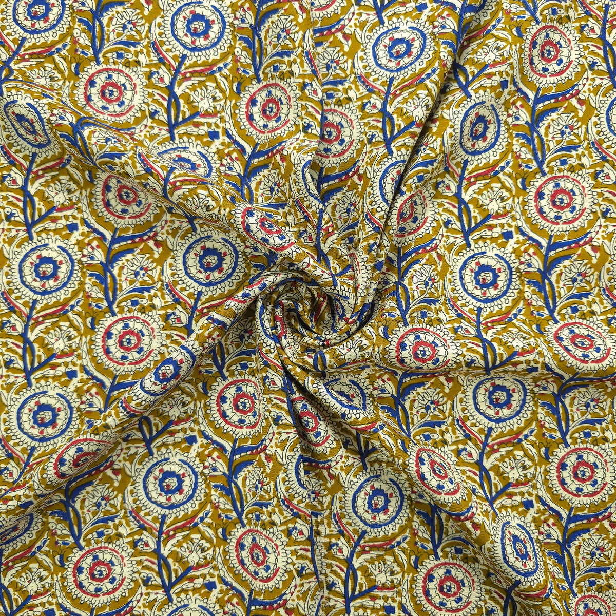Intricate Floral Medallion Botanical Printed Rayon Fabric - Yellow