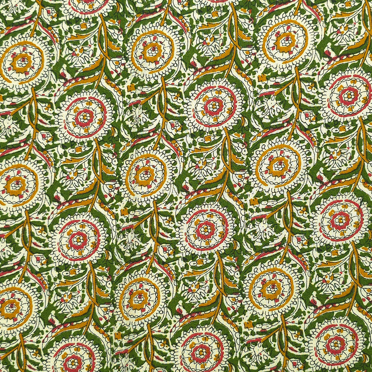 Intricate Floral Medallion Botanical Printed Rayon Fabric - Green