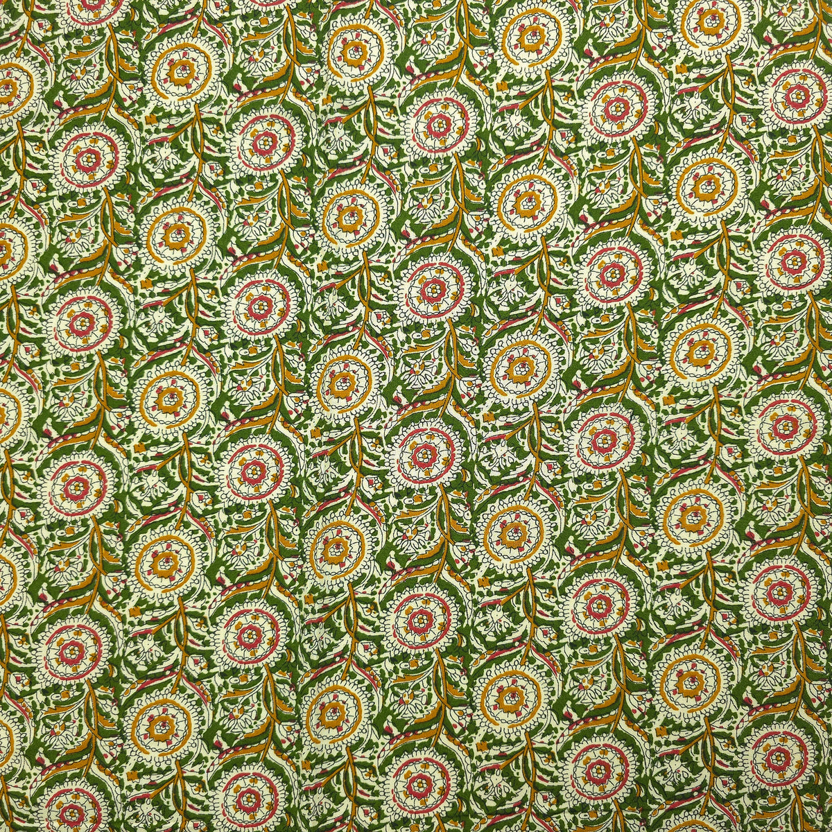 Intricate Floral Medallion Botanical Printed Rayon Fabric - Green