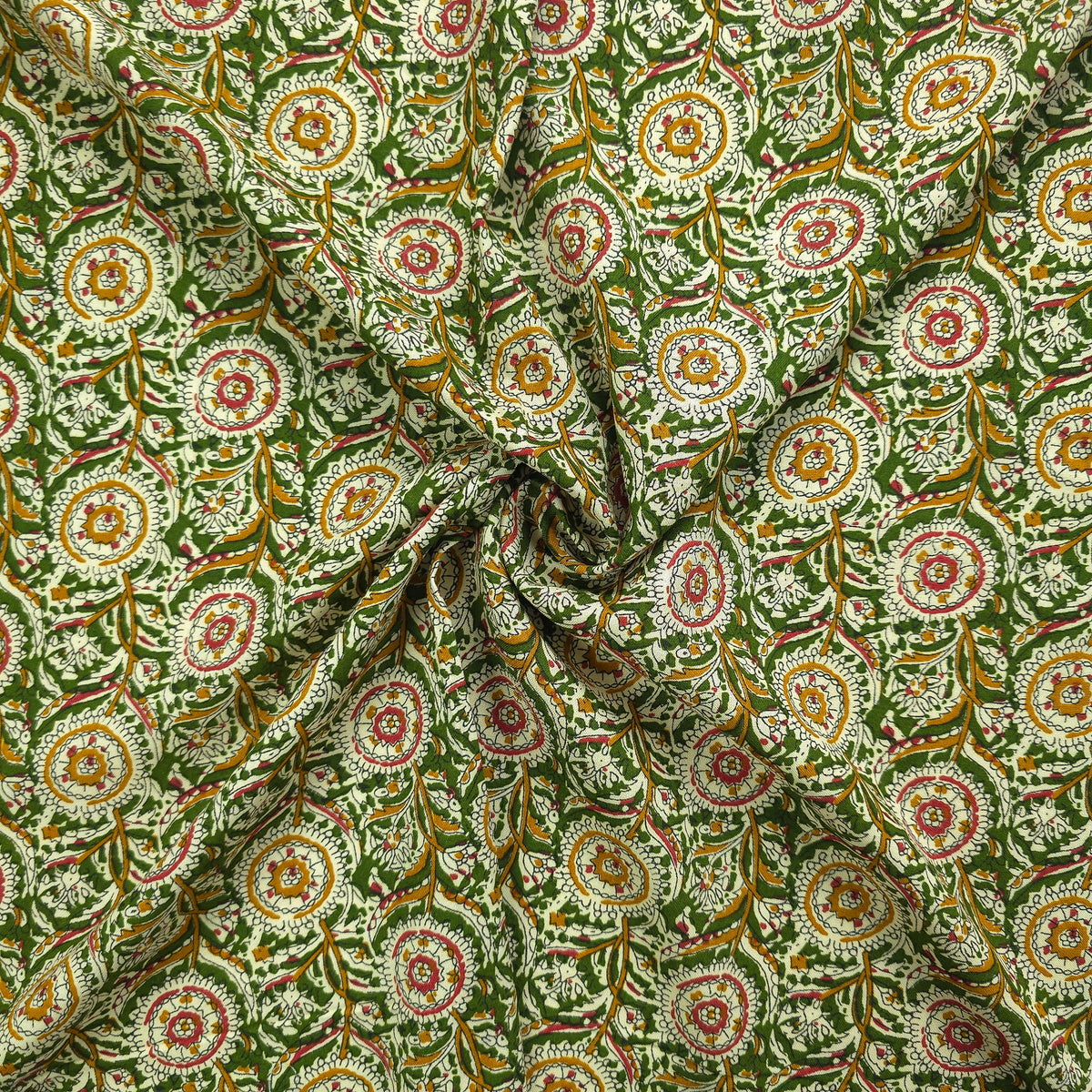 Intricate Floral Medallion Botanical Printed Rayon Fabric - Green