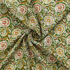 Intricate Floral Medallion Botanical Printed Rayon Fabric - Green
