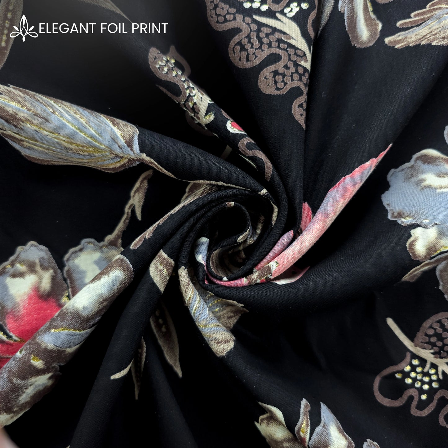 Vintage Bloom Foil Printed Rayon Fabric