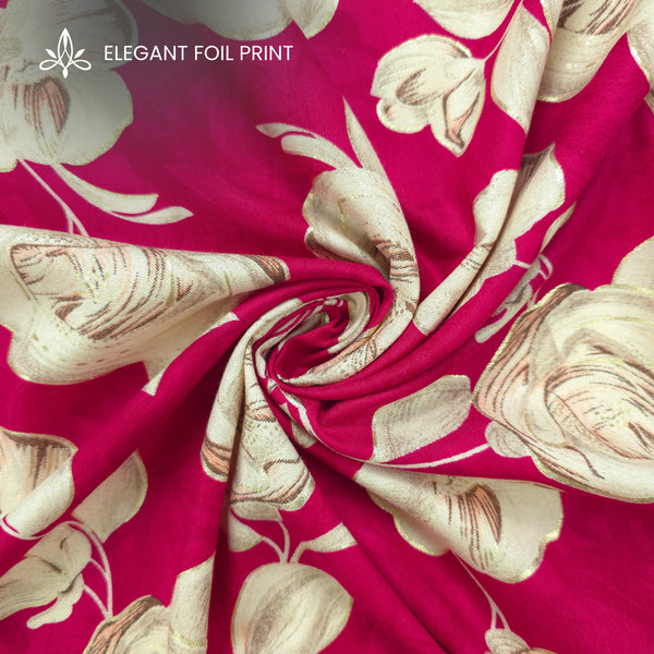 Rosewood Bloom Foil Printed Rayon Fabric