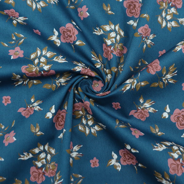 Premium Turquoise Floral Printed Cavalry Twill Fabric