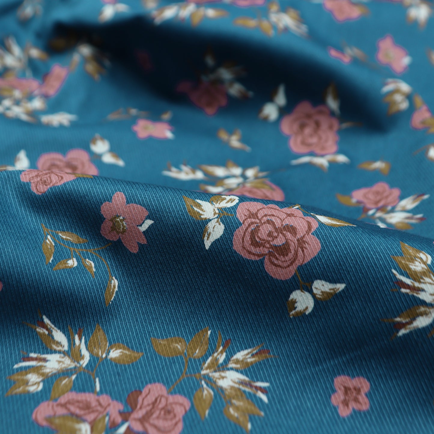 Premium Turquoise Floral Printed Cavalry Twill Fabric