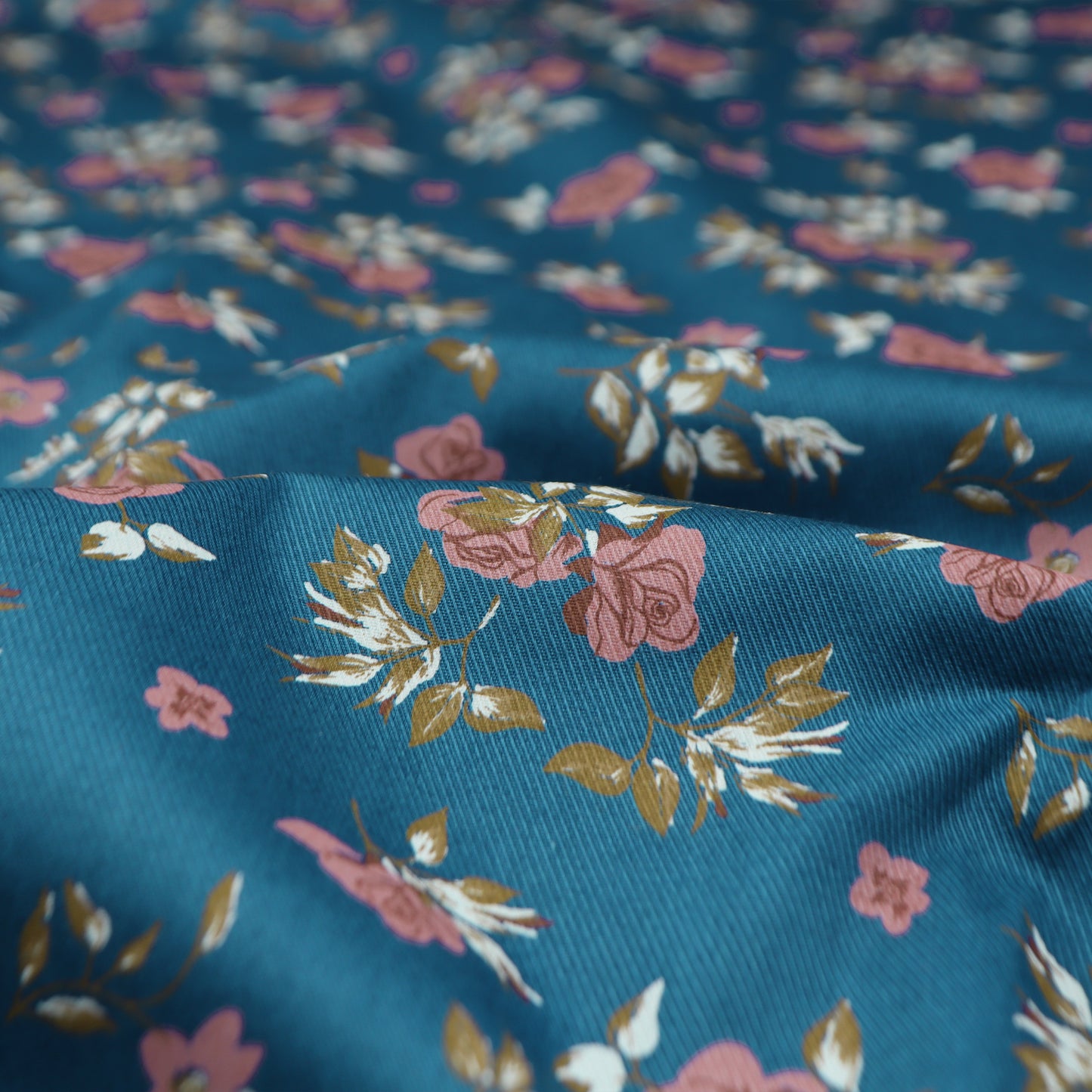 Premium Turquoise Floral Printed Cavalry Twill Fabric